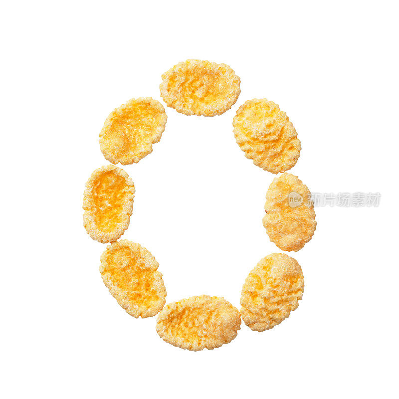 黄色玉米片字母O或数字0 0孤立在白色背景上。字母谷物片。